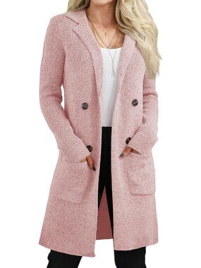 Women's Pink Long Knit Cardigan Open Front Coatigan Lapel Collar Pocket Sweater